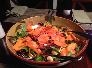 Winter salad of greens, carrot, pickled beets, cheese and vinegarette